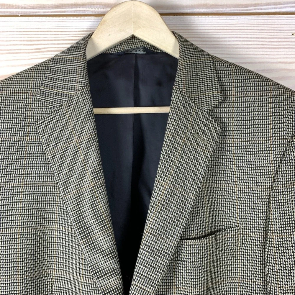 JoS A Bank Travelers‎ Blazer Men 41R 100% Wool Houndstooth Plaid Tan Sports Coat